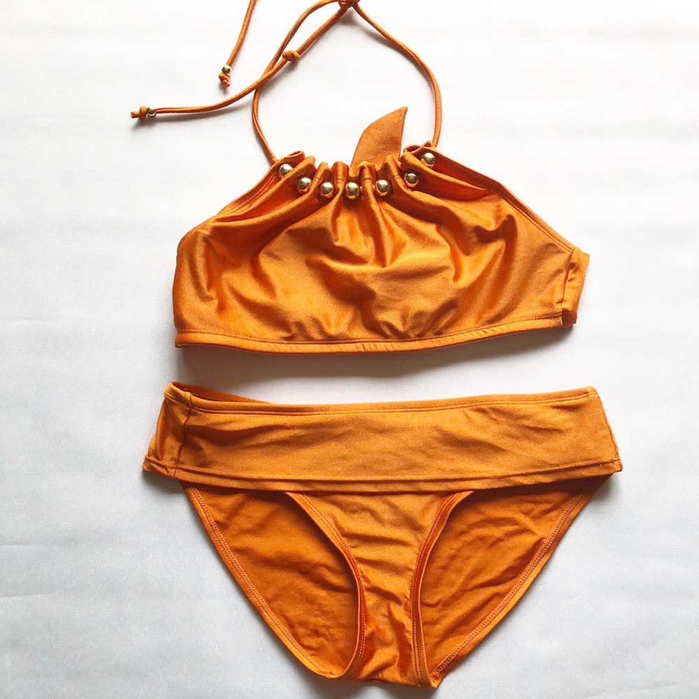 Orange bikini with gold beads